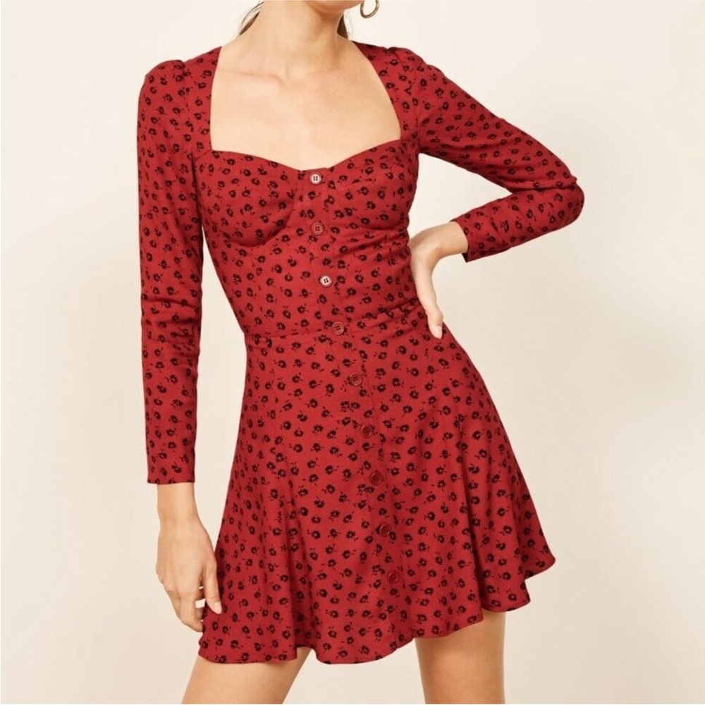 Reformation Red Puff Sleeve Sweetheart Dress